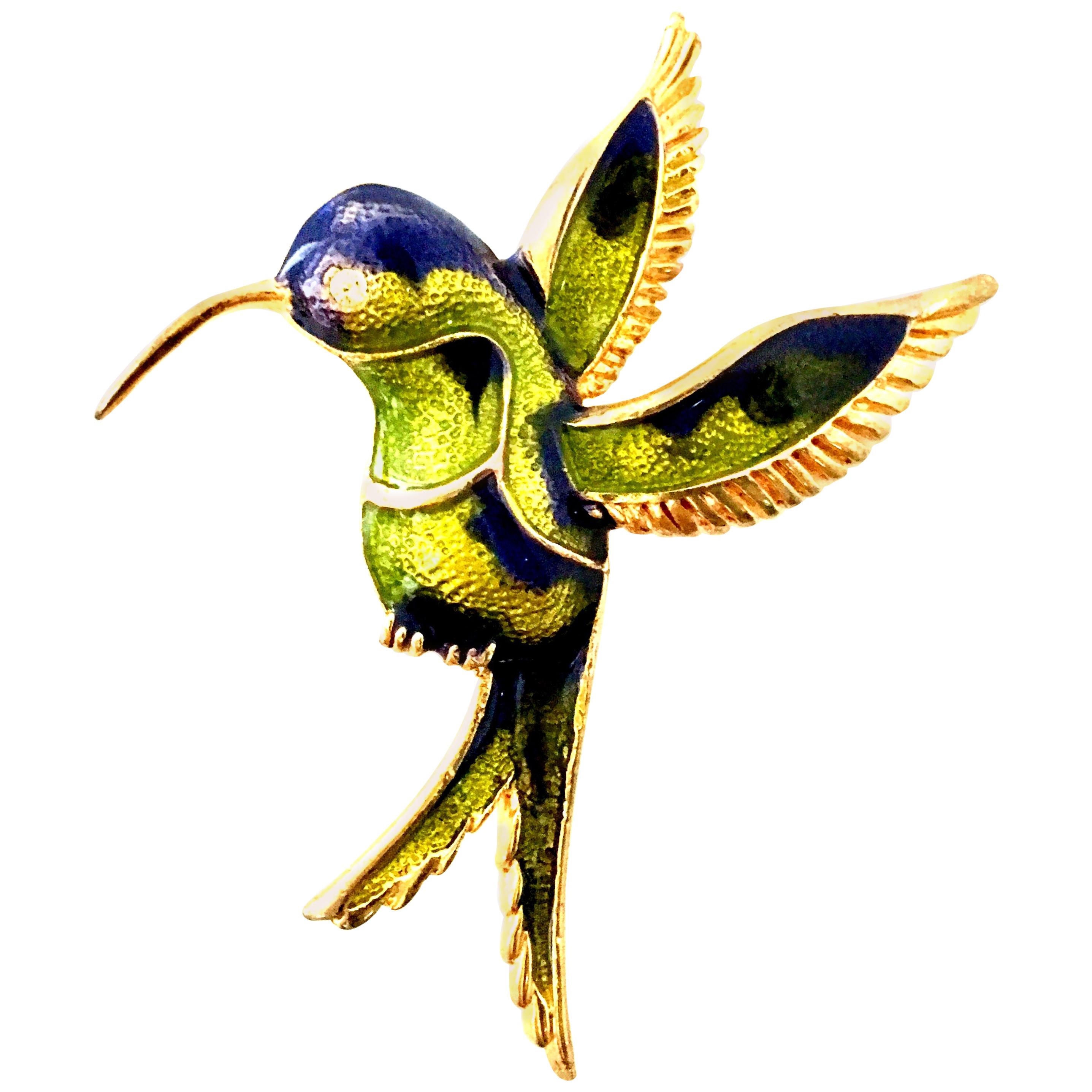 20th Century Gold Plate Enamel & Crystal Hummingbird Brooch