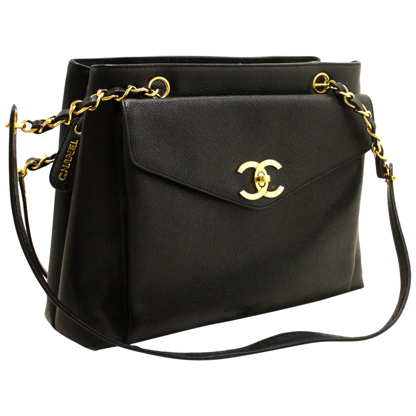 CHANEL Caviar Large Chain Shoulder Bag Black Leather Gold Zipper