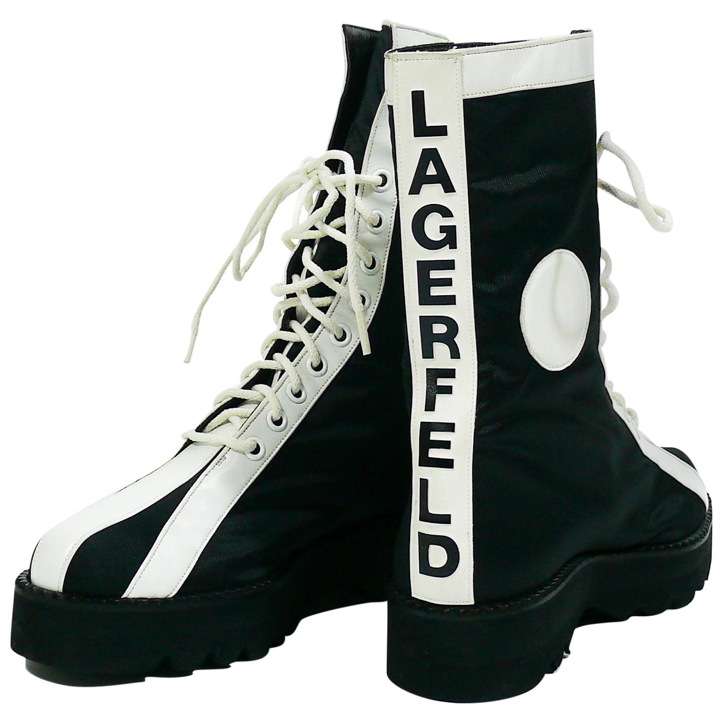 Karl Lagerfeld Vintage Black White Lace Up Combat Boots