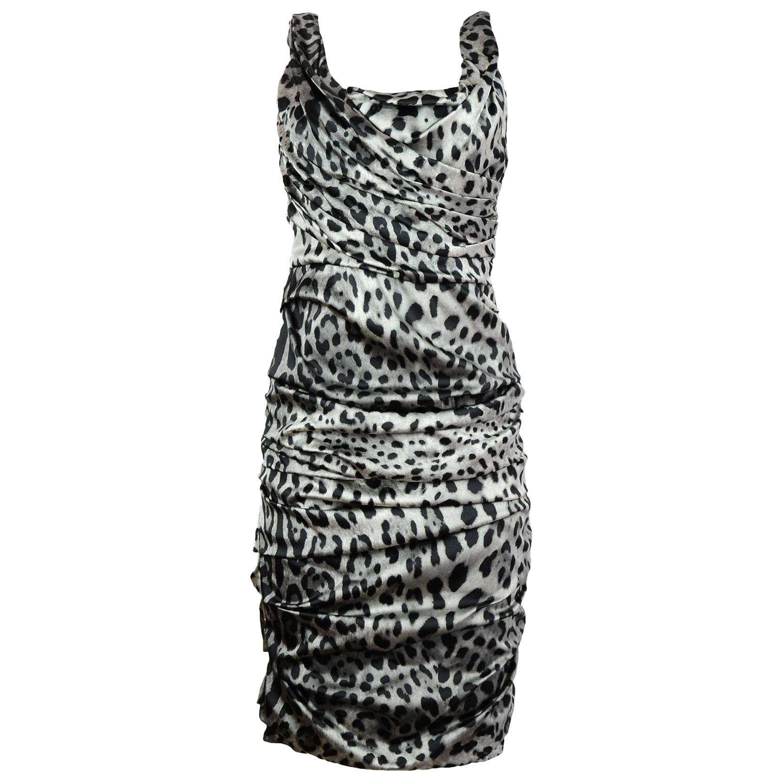 Dolce & Gabbana Black & Grey Silk Leopard Print Dress Sz IT44