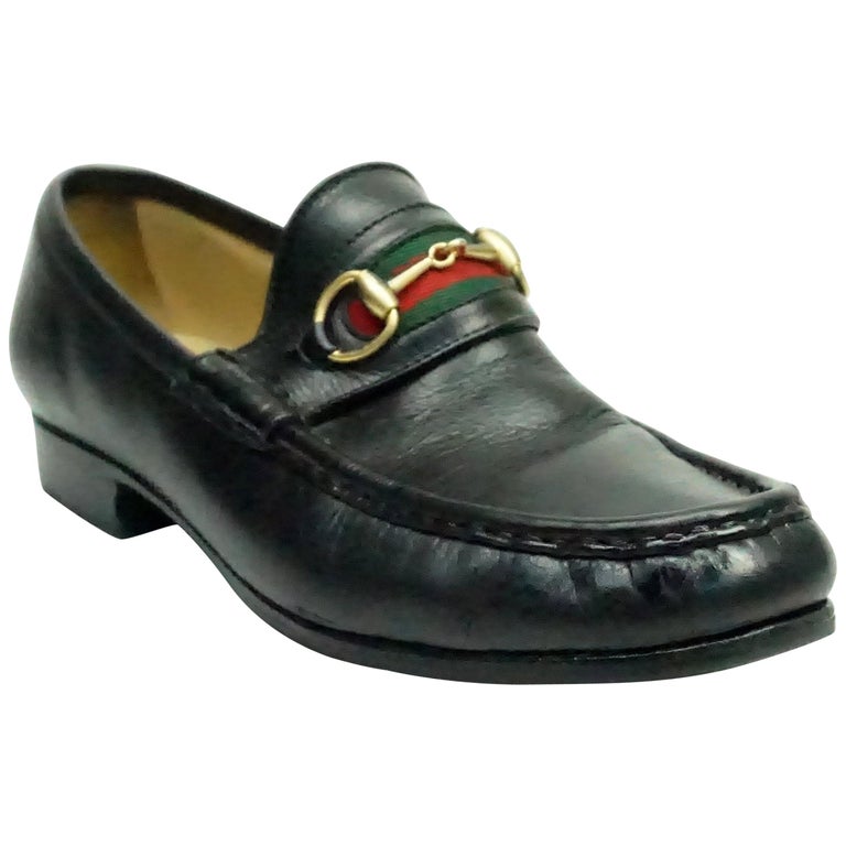 Gucci Vintage Black Leather Loafer w/ Red and Green Stripe - 6 For Sale at  1stDibs