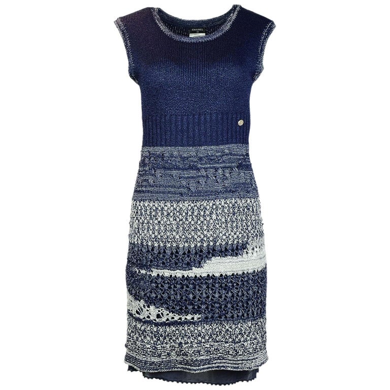Chanel Navy and White Knit Dress Sz FR34 For Sale at 1stDibs