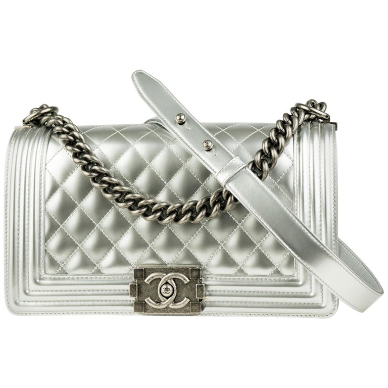 Chanel Silver Metallic Old Medium Boy Bag For Sale at 1stdibs
