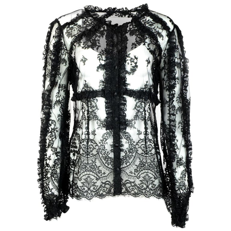 Dolce and Gabbana Black Ruffle Lace Top Sz IT46 NWT For Sale at 1stDibs