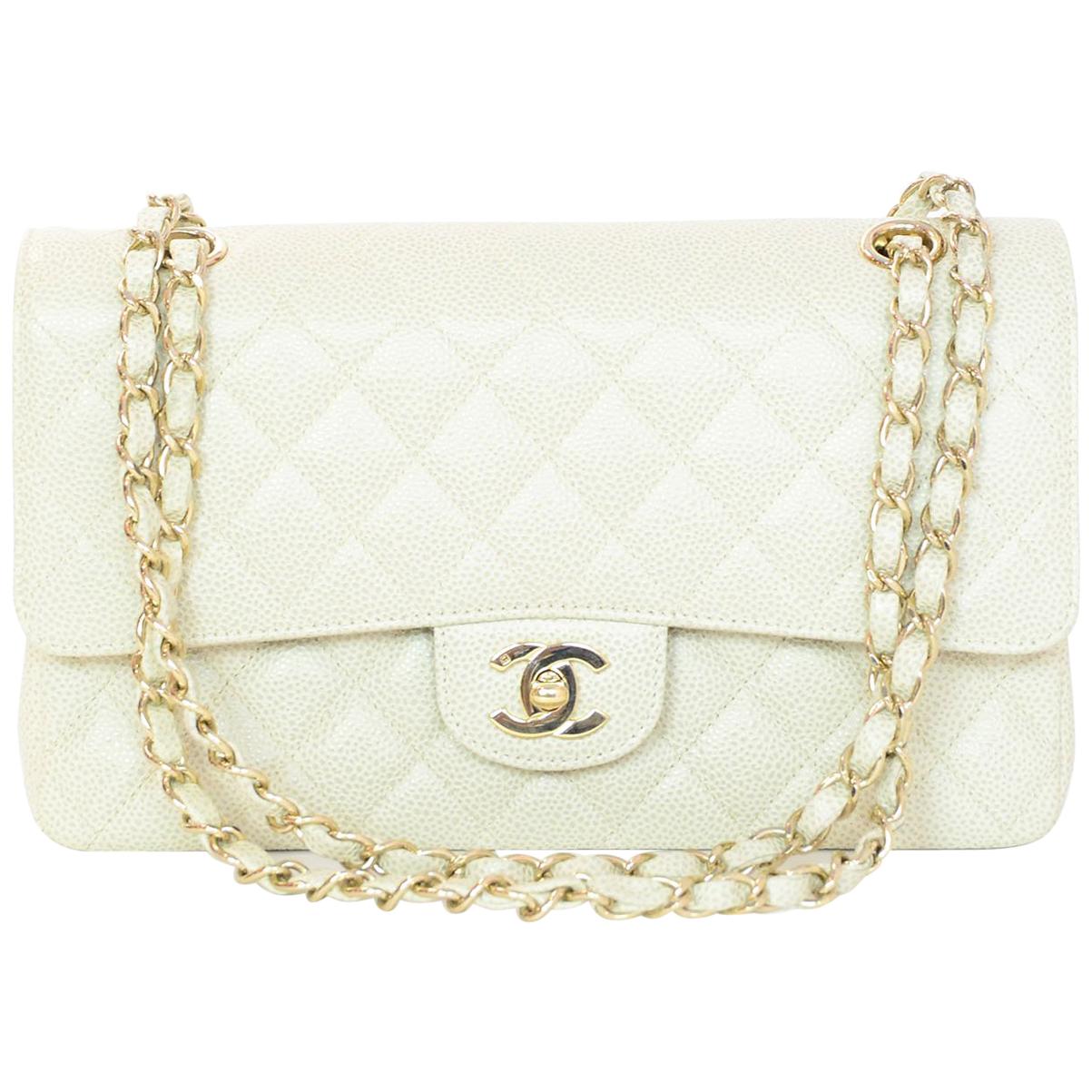 Chanel Beige Quilted Caviar Medium 10 Inch Double Flap Classic Bag