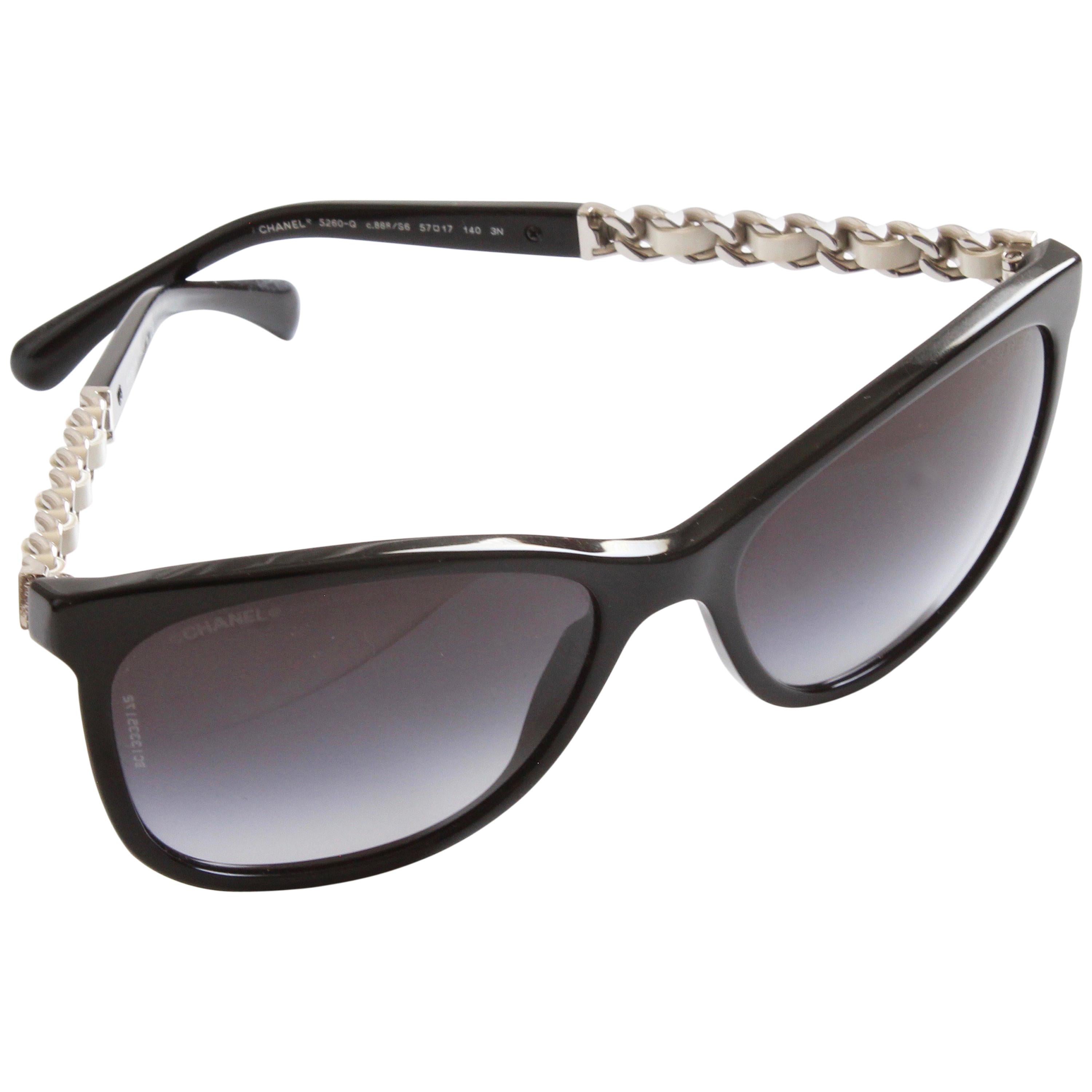 Chanel Cat Eye Silver Chain White Leather Sunglasses with Case