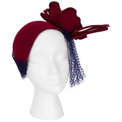 Sculptural Burgundy Cocktail Hat with Articulated Rose and Veil, 1940s