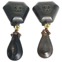Chanel Vintage Gold Plated Black CC Logo Drop Clip on Earrings, 1990s
