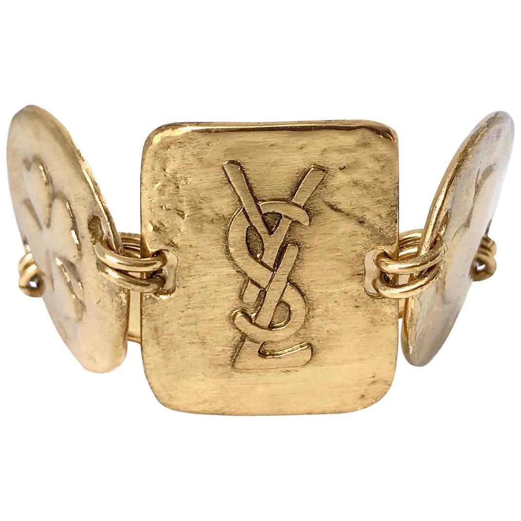 Yves Saint Laurent YSL 1980s Vintage Gold Plated Cuff Bracelet with Logo For Sale