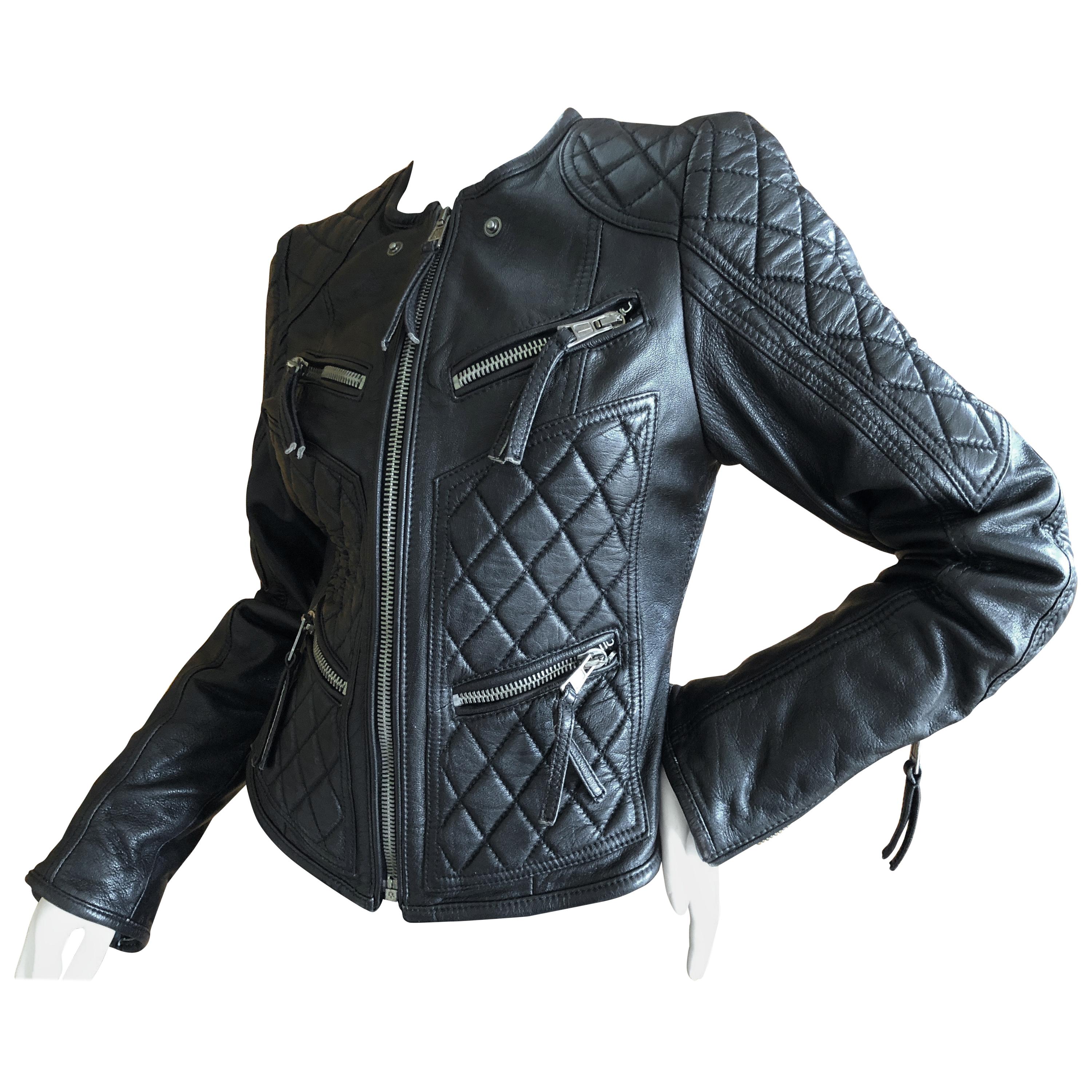Roberto Cavalli Vintage Black Leather Quilted Motocross Zip Front Moto Jacket For Sale