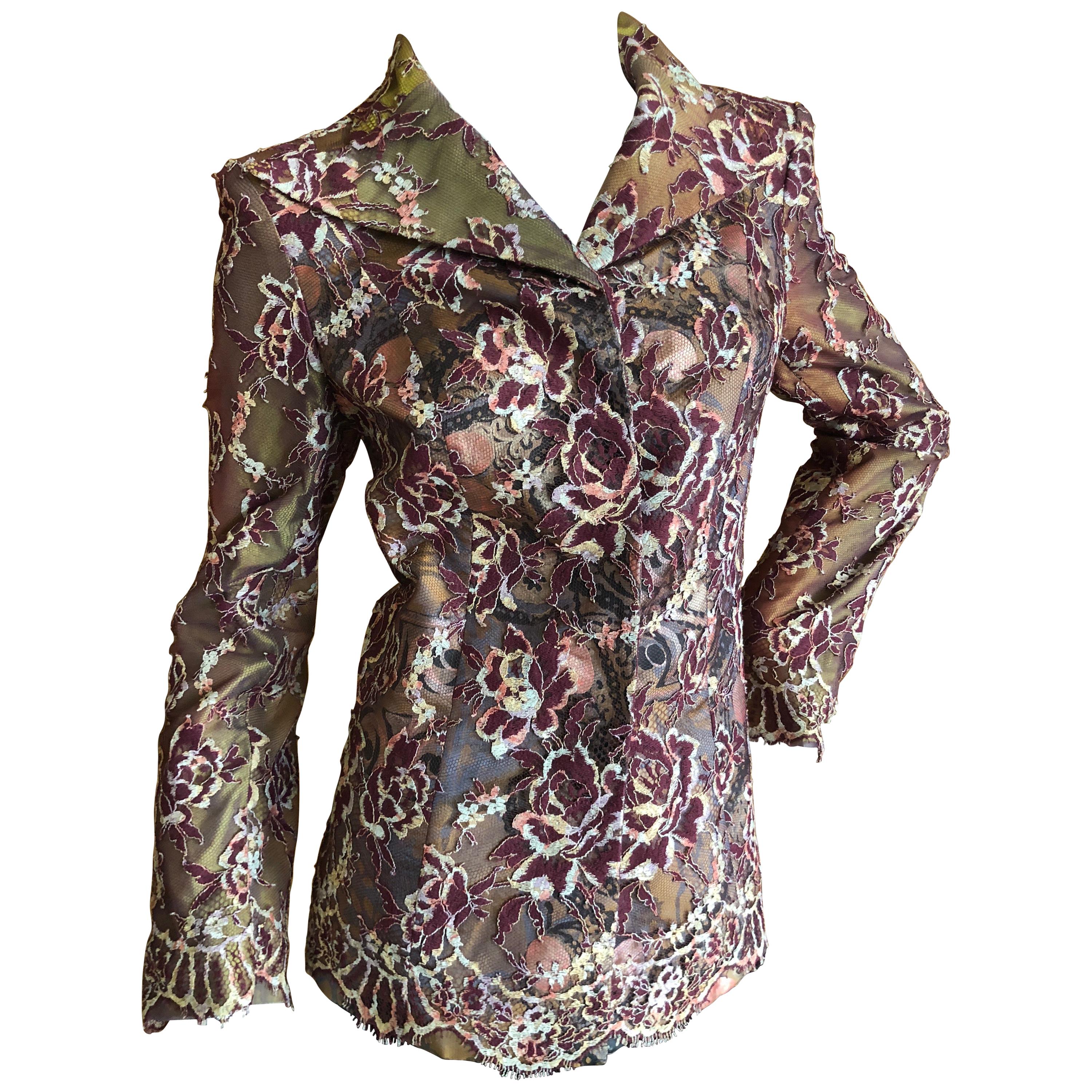 Christian Lacroix Vintage Lace Overlay Silk Jacket Size 38 For Sale