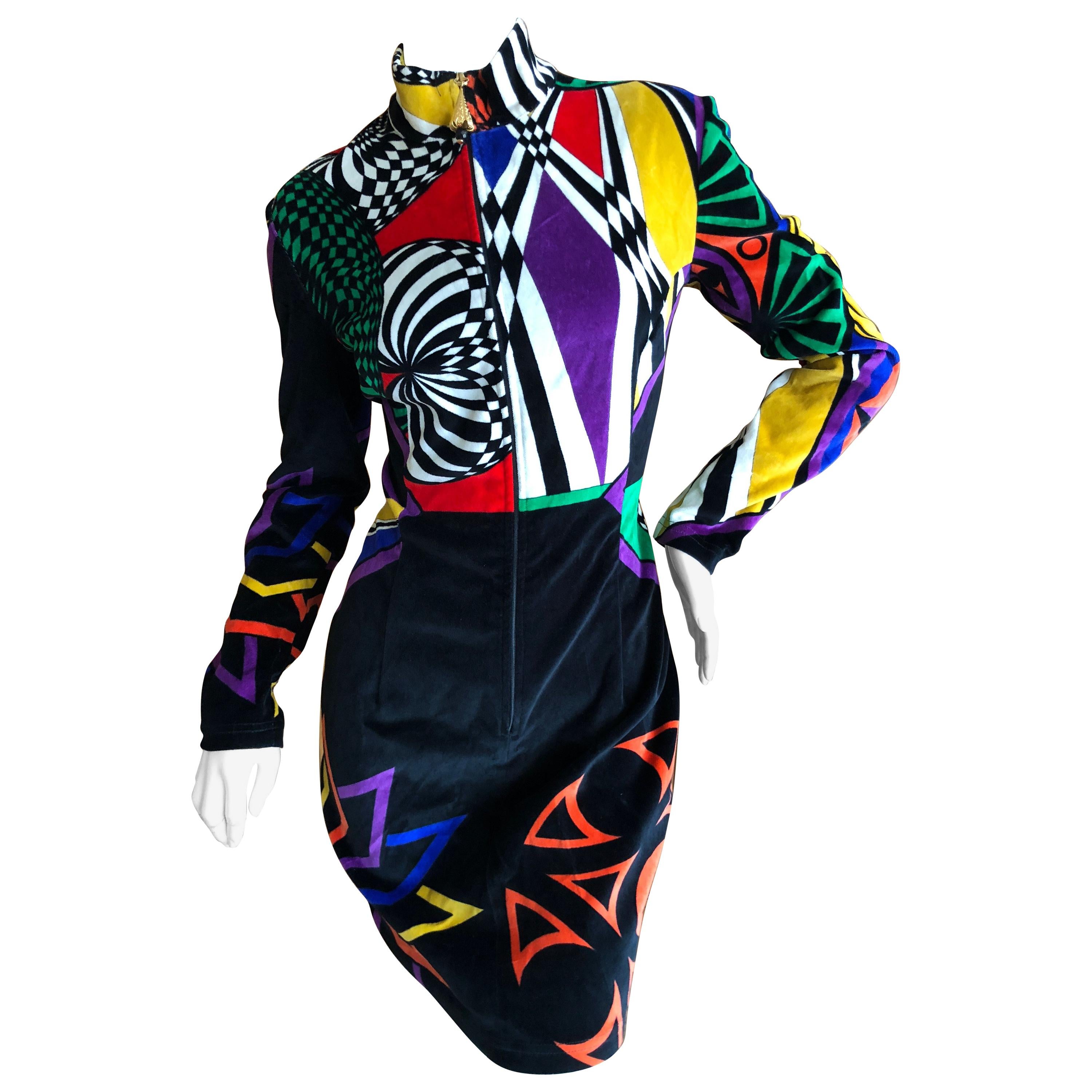 Gianni Versace Vintage Versus Velvet Op Art Pattern Zip Front Dress For Sale