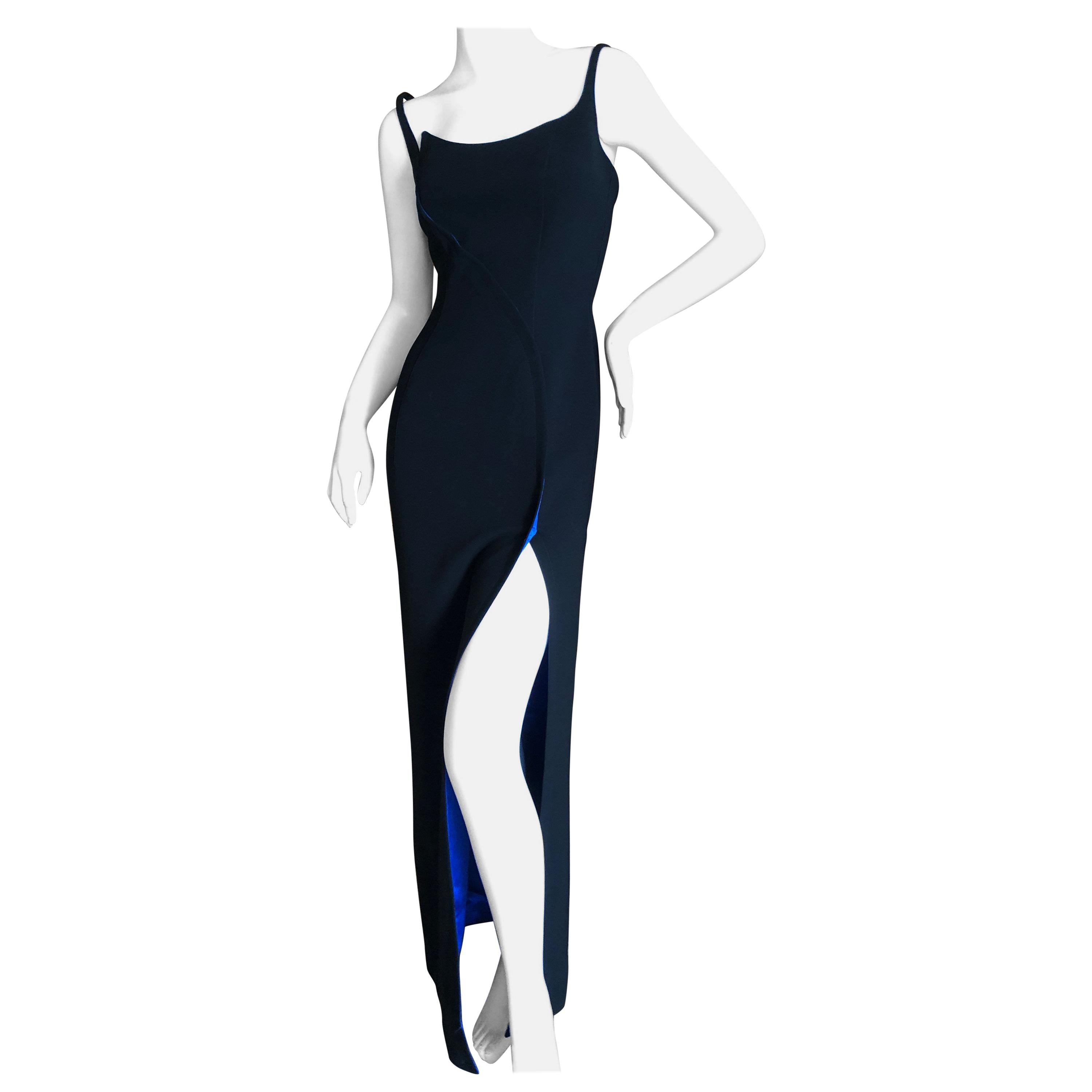 Thierry Mugler Black Vintage Evening Dress with Electric Blue Silk Lining For Sale