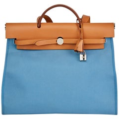 2011 Hermès Vache Hunter cuir de vachette & Bleu Natural Canvas Herbag Zip 39