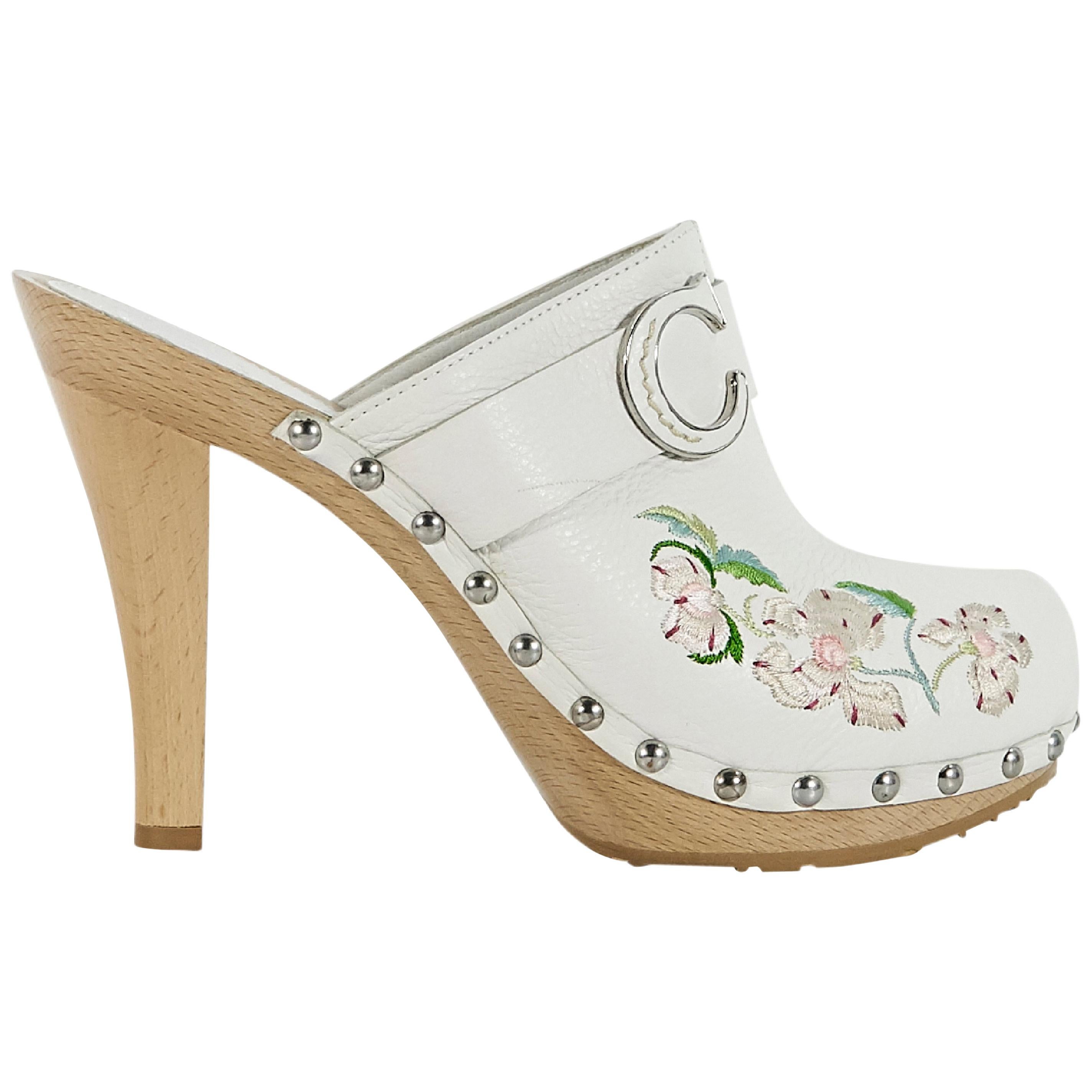 White Christian Dior Floral Leather Heeled Clogs