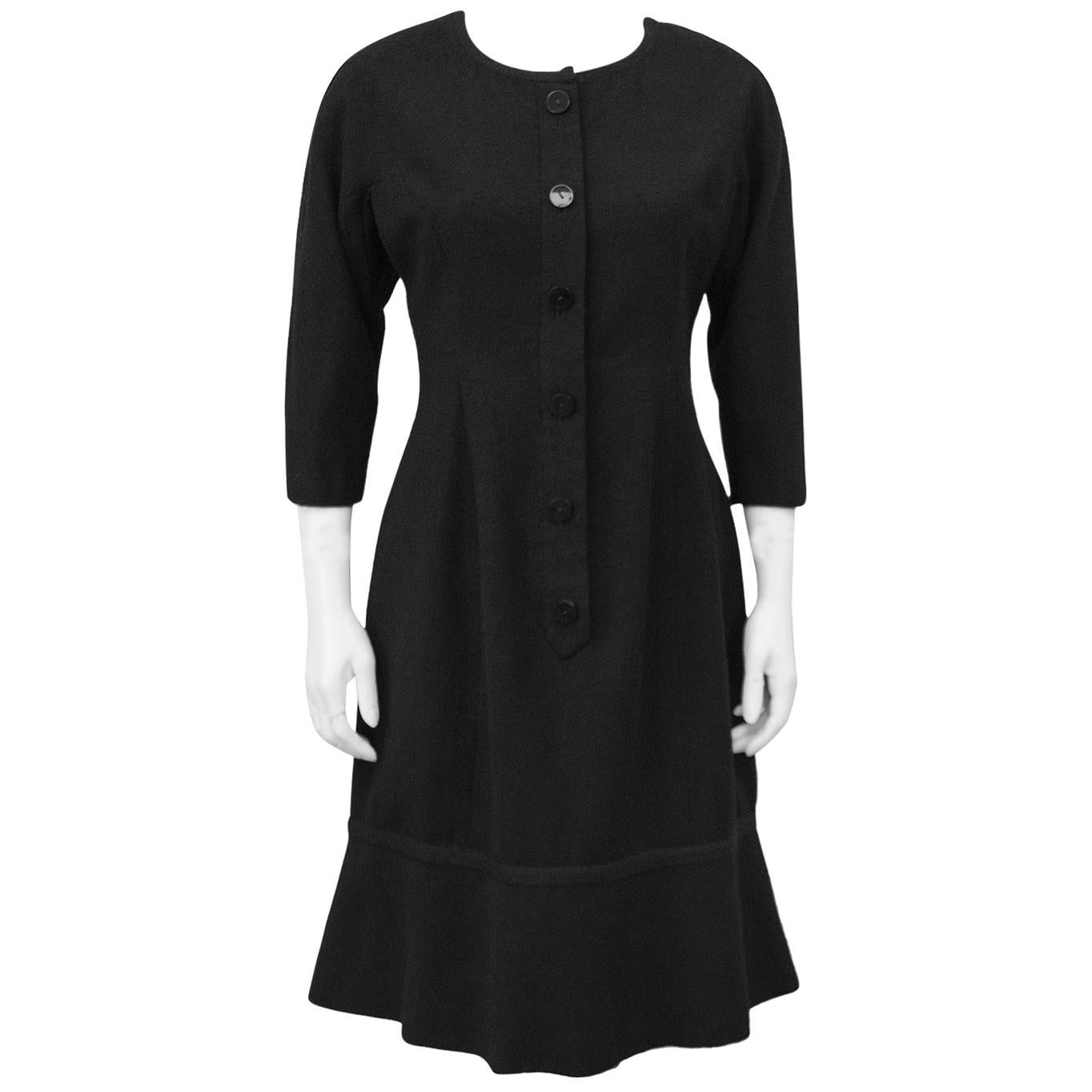 1950s Hattie Carnegie Boucle Black Long Sleeve Day Dress