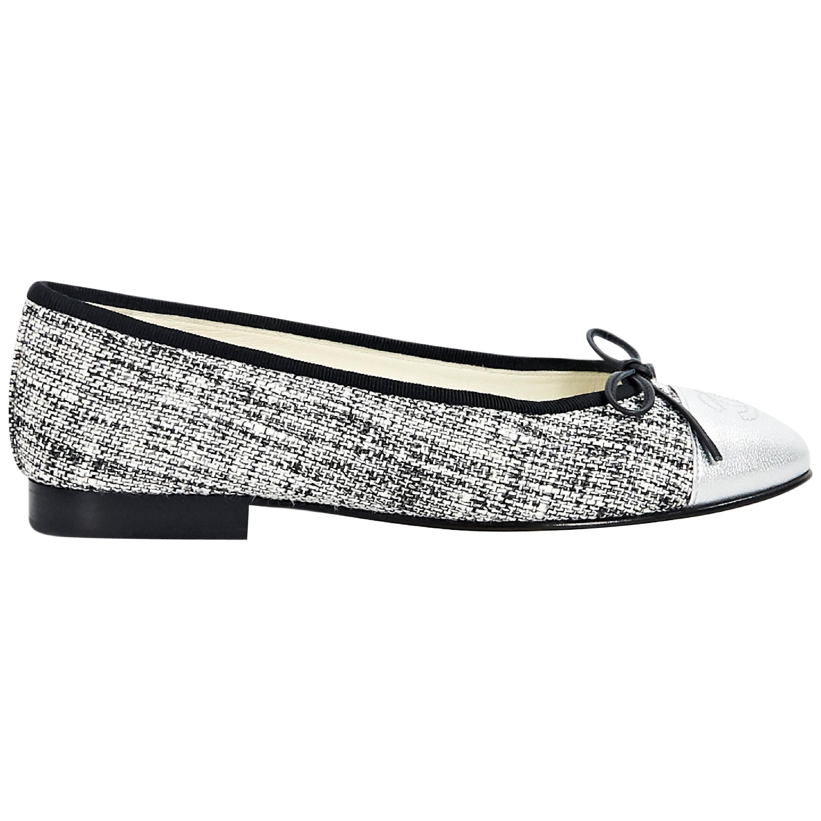 Metallic Silver Chanel Tweed Cap-Toe Ballet Flats For Sale at 1stDibs