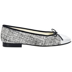 Metallic Silver Chanel Tweed Cap-Toe Ballet Flats