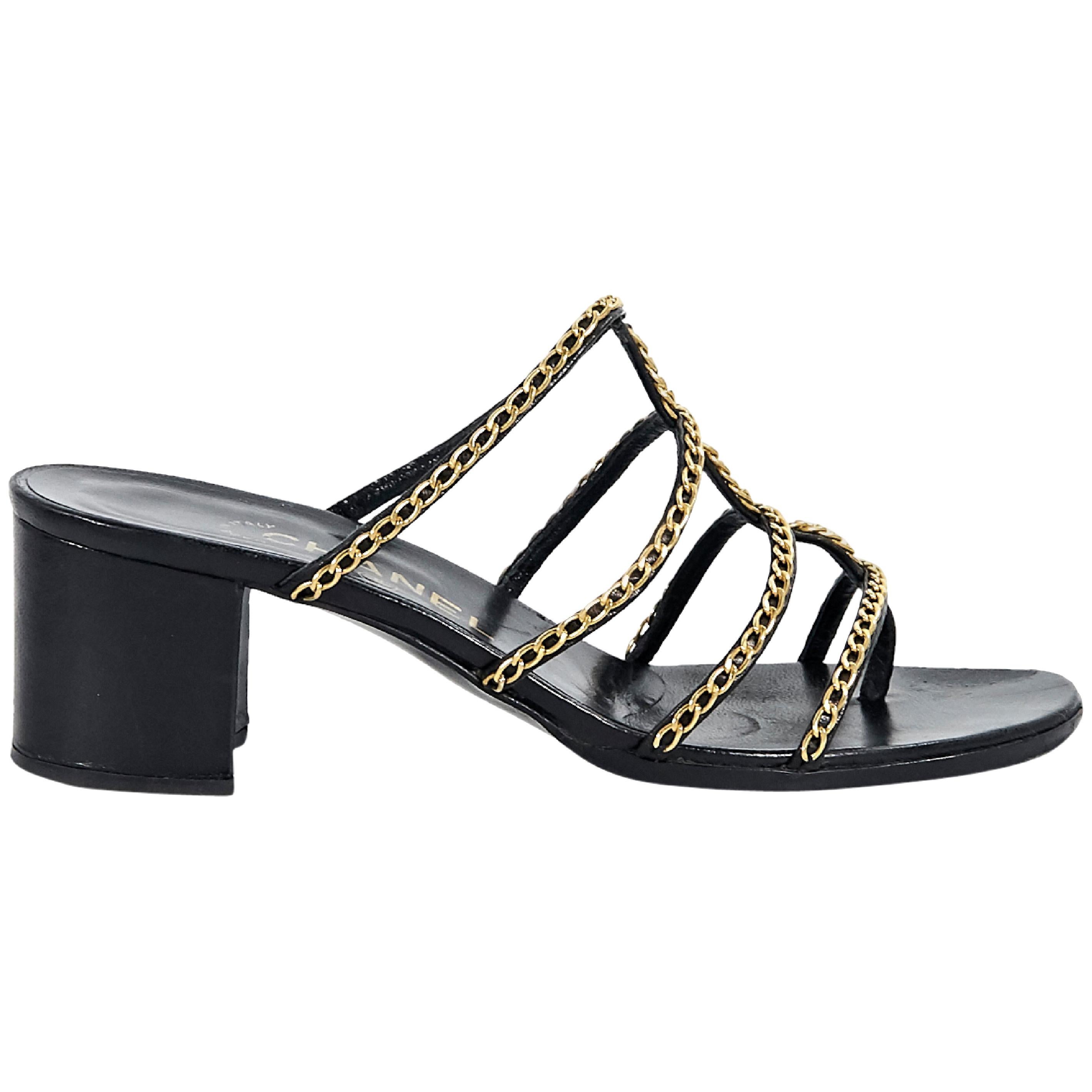 Black Chanel Chain-Trimmed Strappy Sandals