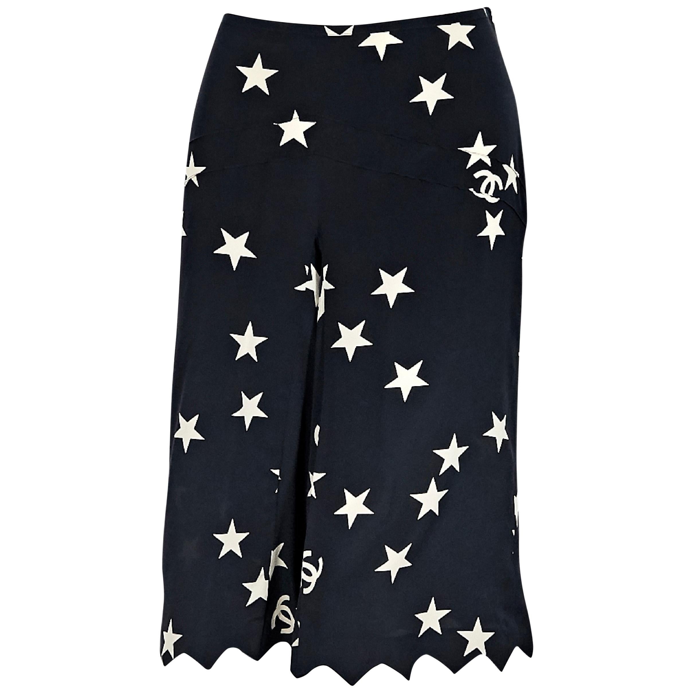 Chanel Navy Blue and White Printed Silk Culottes