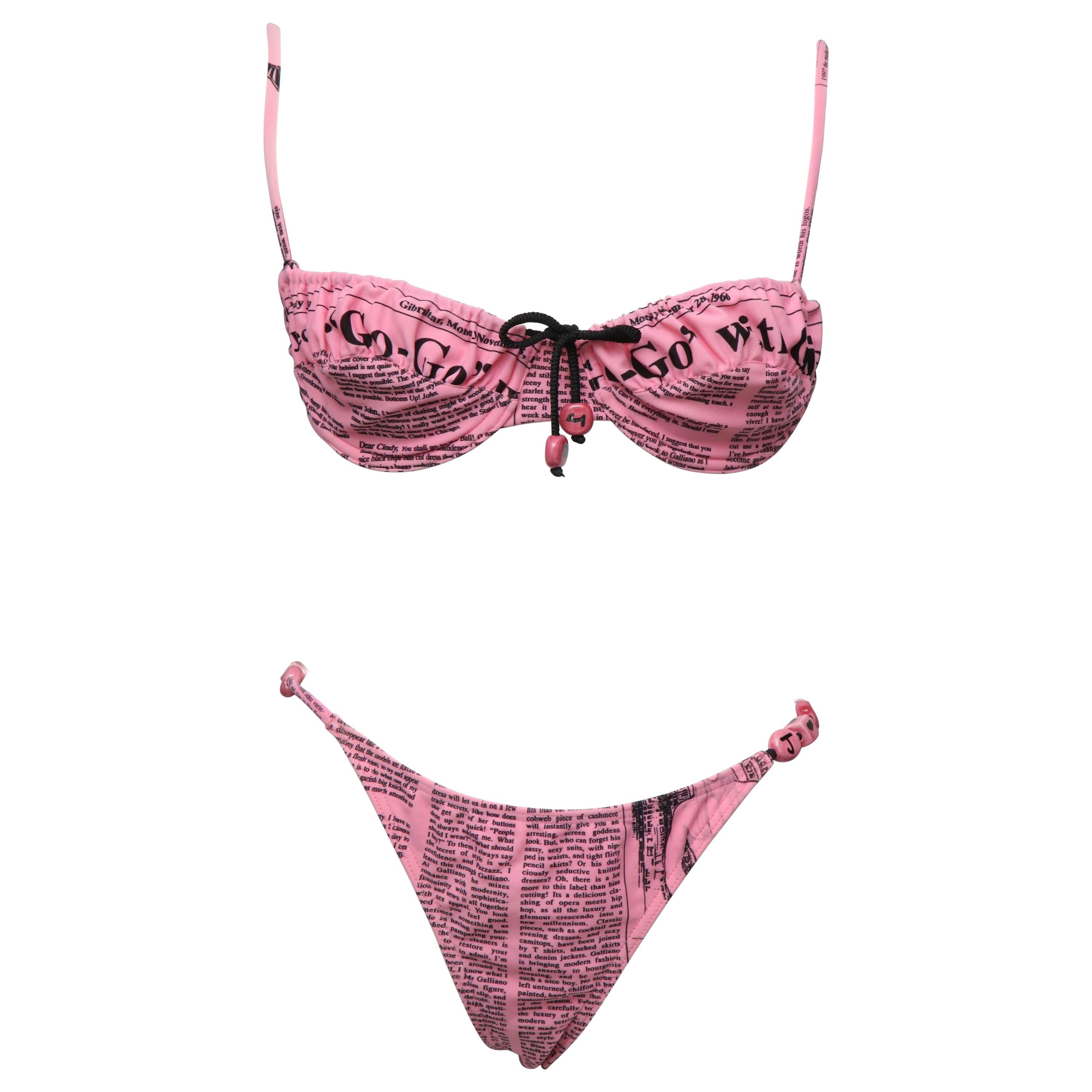 John Galliano Extremely Rare Iconic Pink Newspaper Print Bikini For Sale