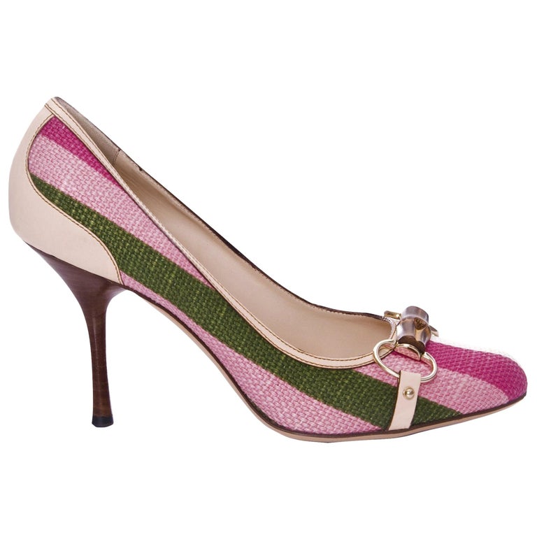 New Gucci Pink and Green Stripe Bamboo Web Horsebit Pumps Heels Sz 9.5 at  1stDibs | pink and green heels, pink and green pumps, pink green heels