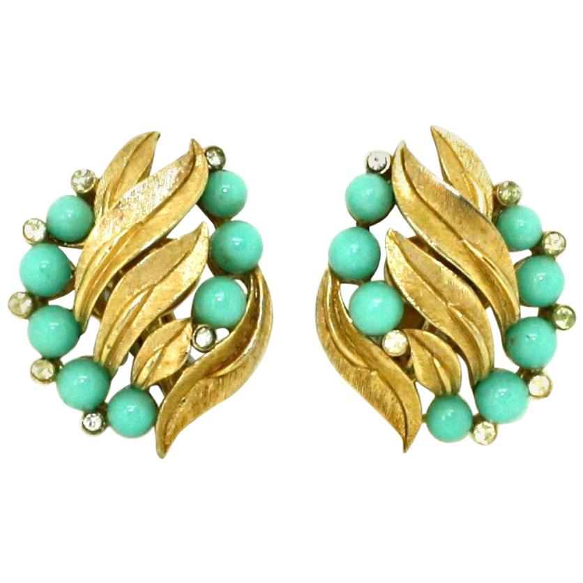 Faux Turquoise Clip Earrings by Trifari For Sale