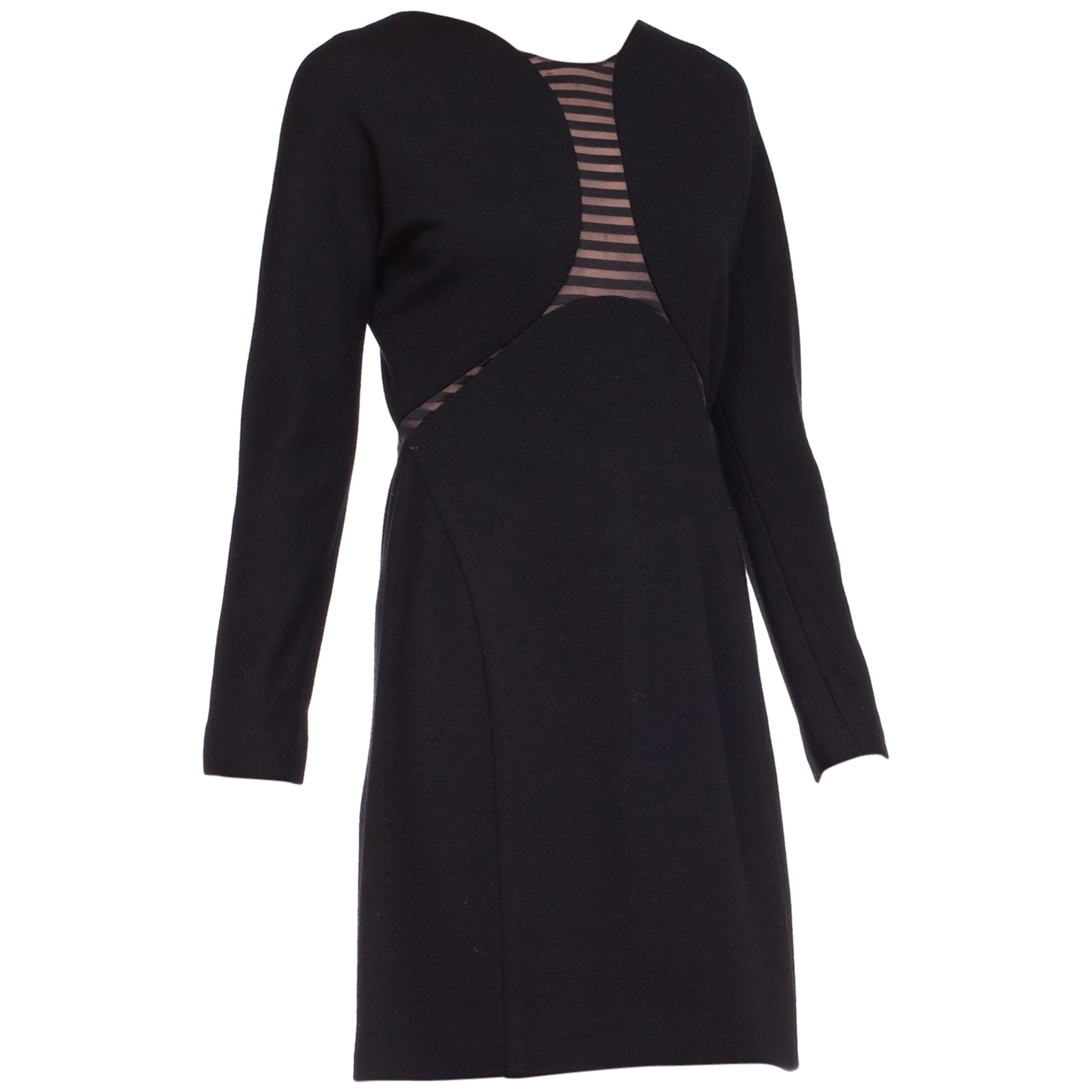 1990S GEOFFREY BEENE Black Wool Jersey Long Sleeve  Dress With Sheer Striped Pa For Sale
