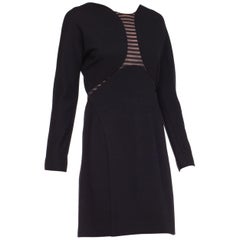 Vintage 1990S GEOFFREY BEENE Black Wool Jersey Long Sleeve  Dress With Sheer Striped Pa