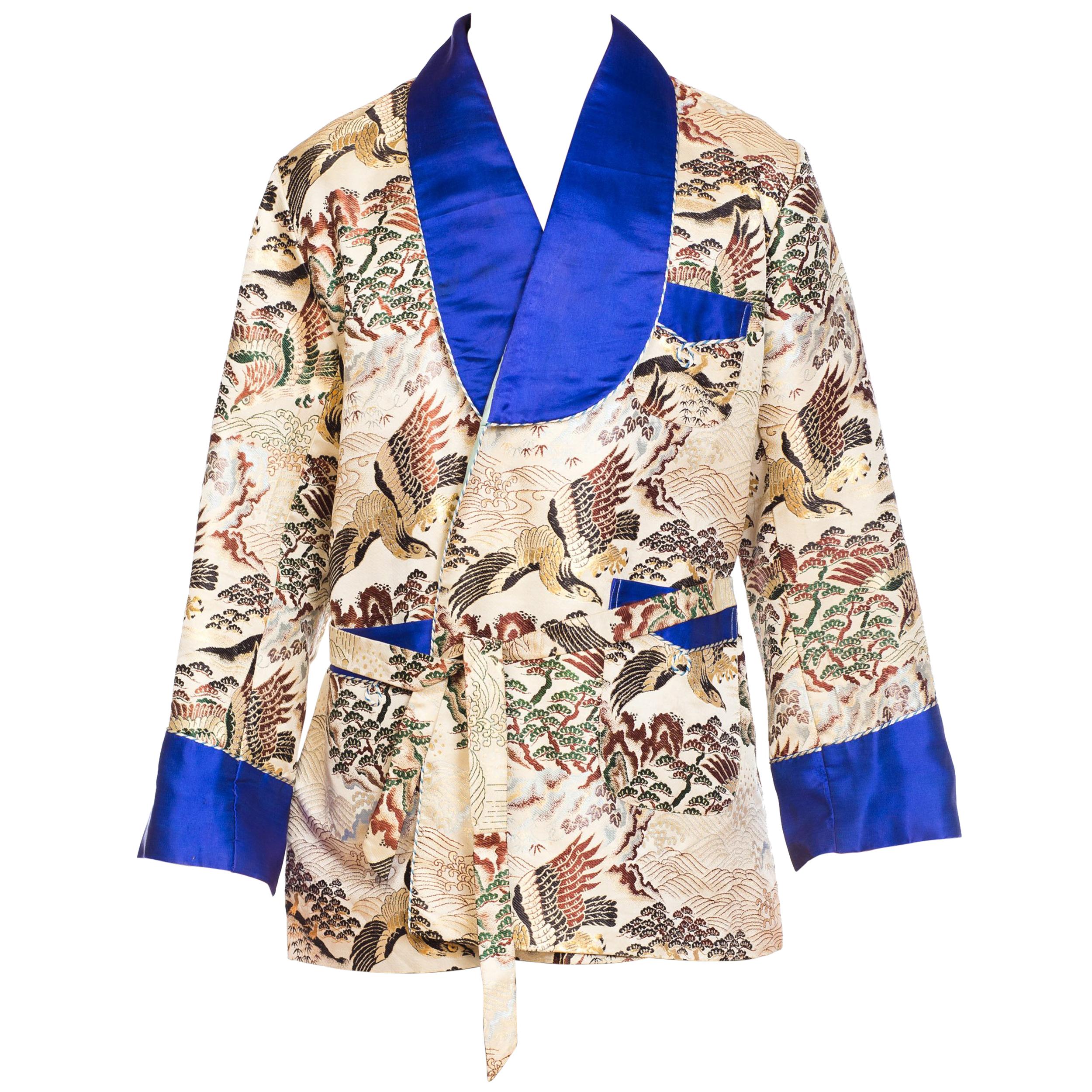 Asian Kimono Scenic Smoking Jacket with Blue Satin Trim, 1970s 