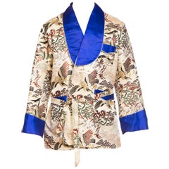 Asian Kimono Scenic Smoking Jacket with Blue Satin Trim, 1970s