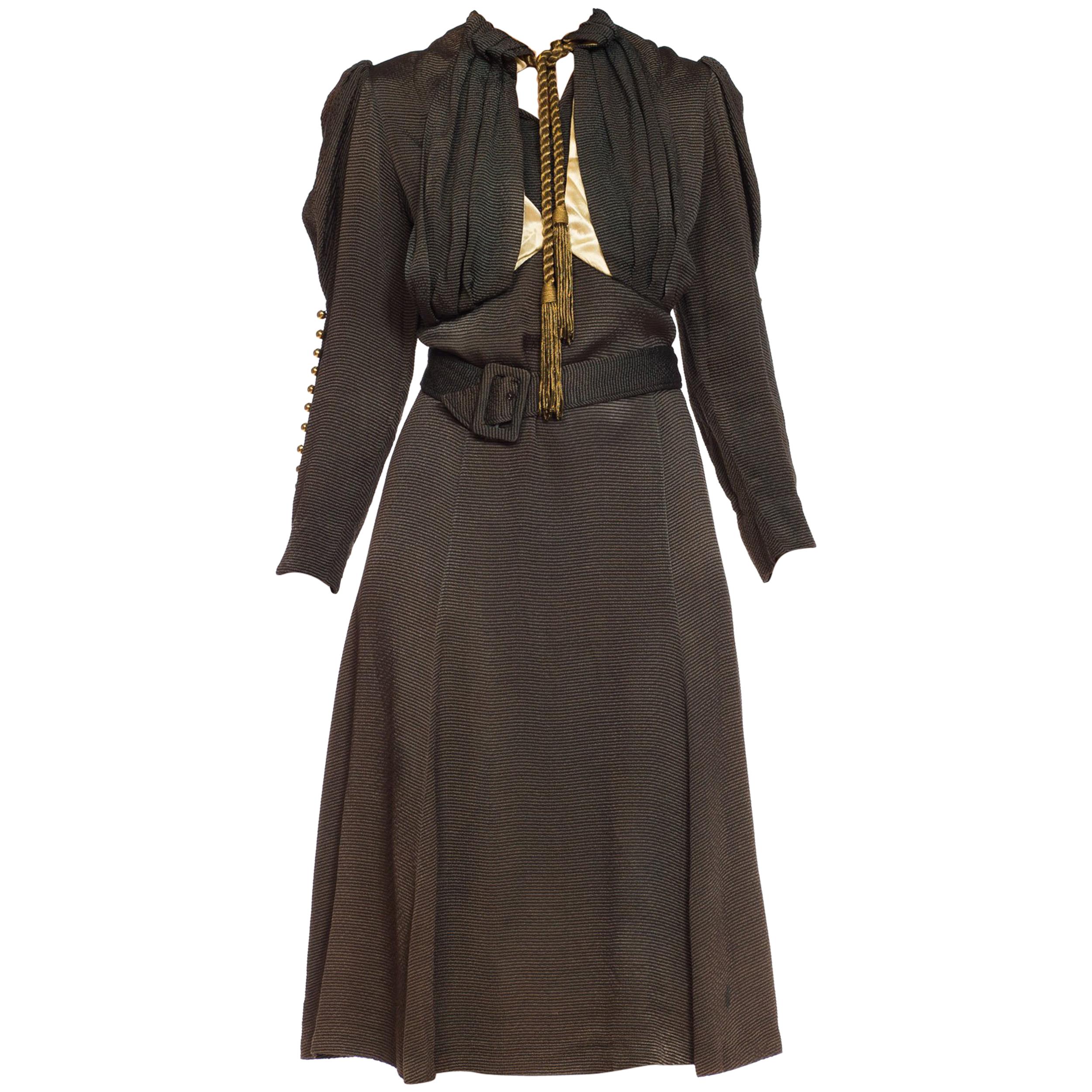 1930s Olive Green Textured Mutton Sleeve Dress