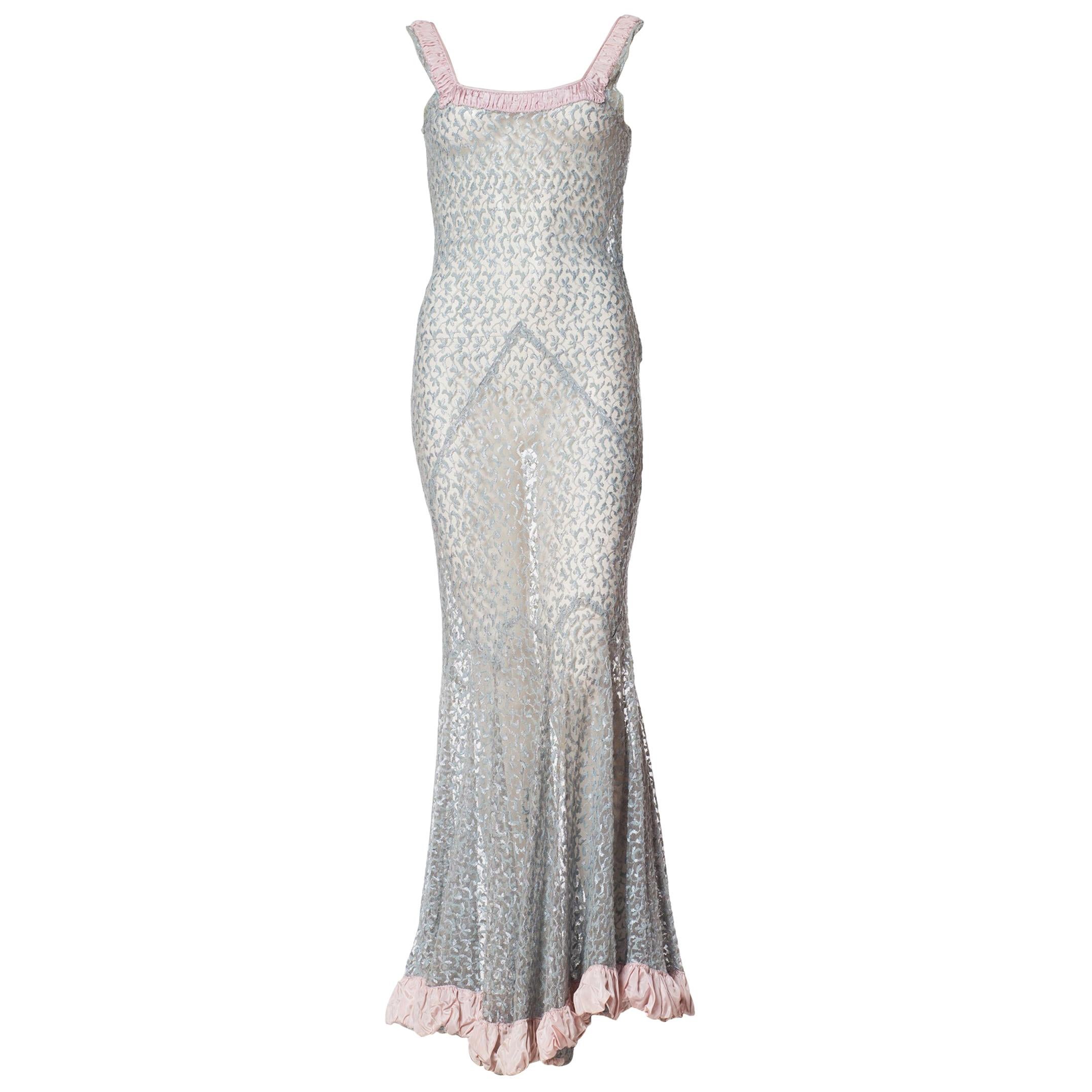 Sheer Lace Embroidered Net Gown with Ruffle, 1930s