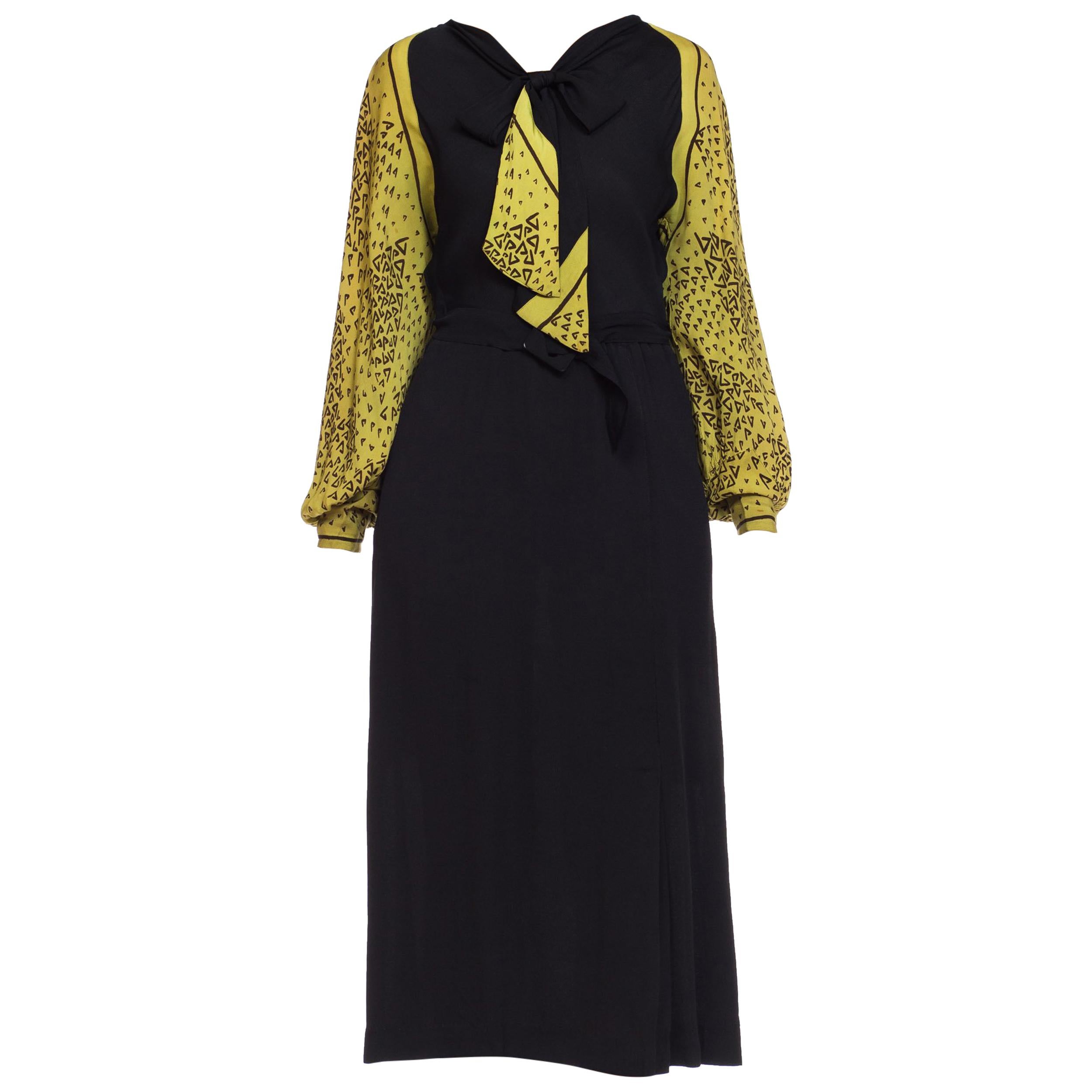 1930s Black and Chartreuse Belted Bow Neck Art Deco Print Dress