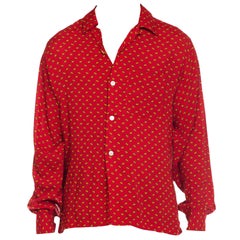 1940S Red Rayon Men's Printed Foulard Rockabilly Long Sleeve Shirt With Patch P