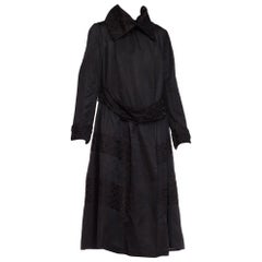 1917 Black Silk Embroidered Wrap Coat with Geometric Op Art Lining