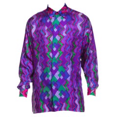 1990S GIANNI VERSACE Seda Geométrica Púrpura Camisa Istante Hombre Sz 46