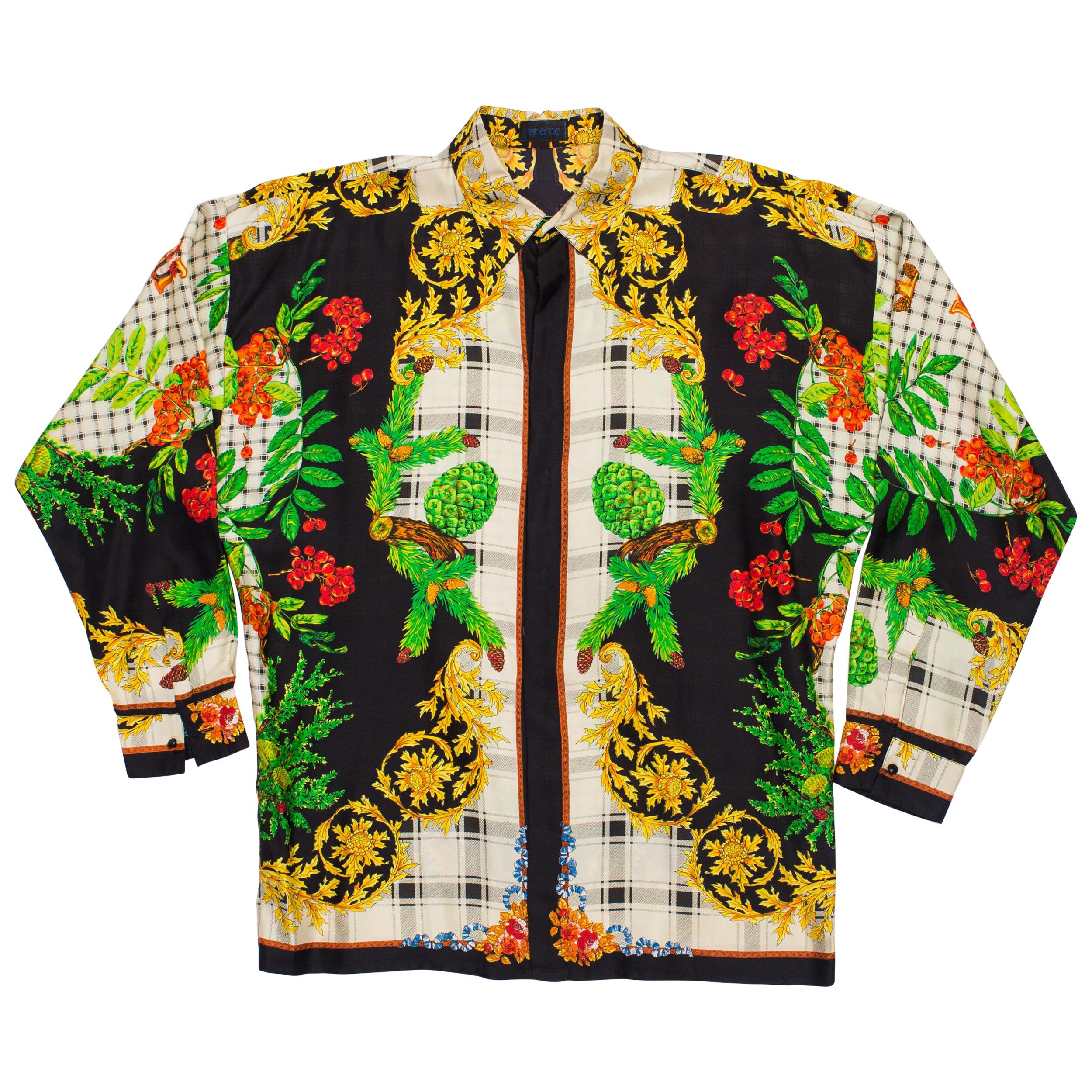 1990S GIANNI VERSACE Silk Men's Istante Autumnal Baroque Print Shirt Sz 48