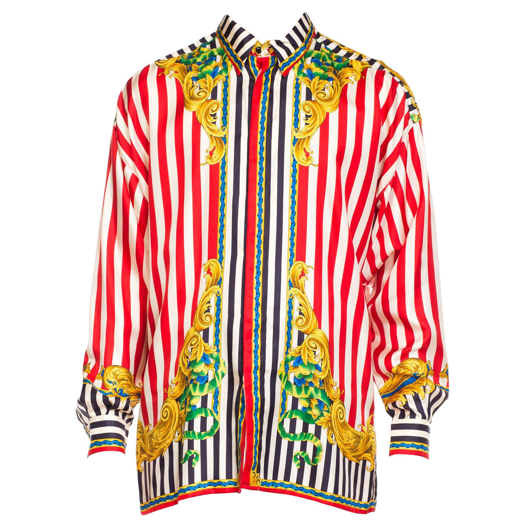 1990S GIANNI VERSACE Red & White Silk Men's Baroque Stripe Shirt