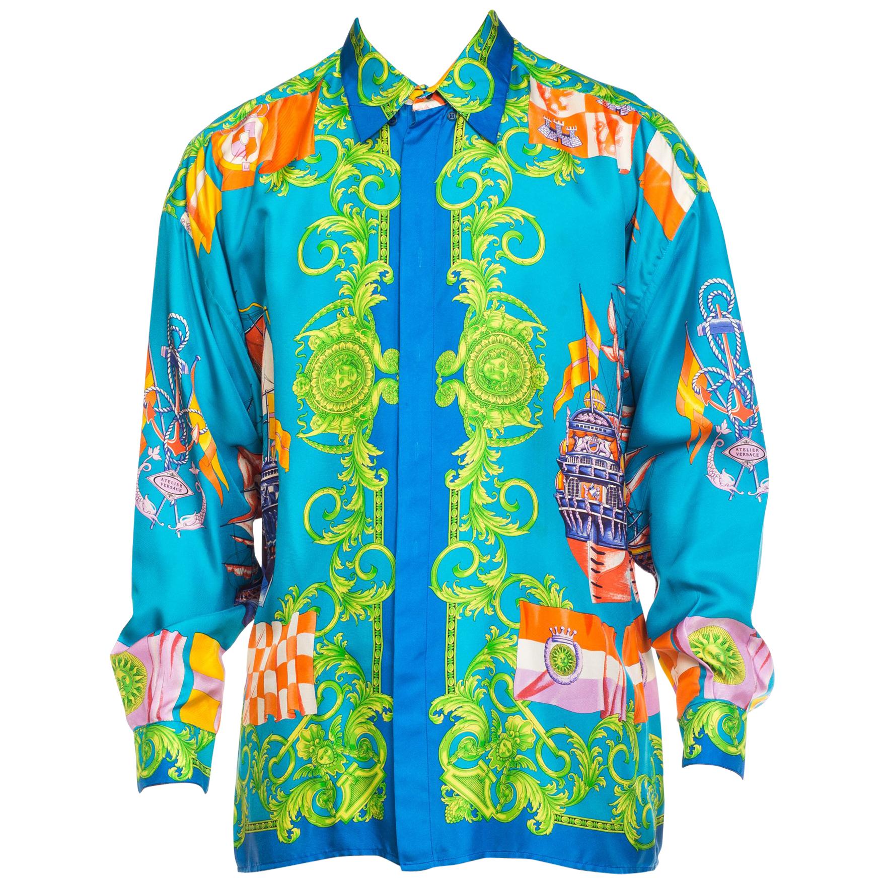1990s Men's Gianni Versace Baroque Christopher Columbus Silk Shirt