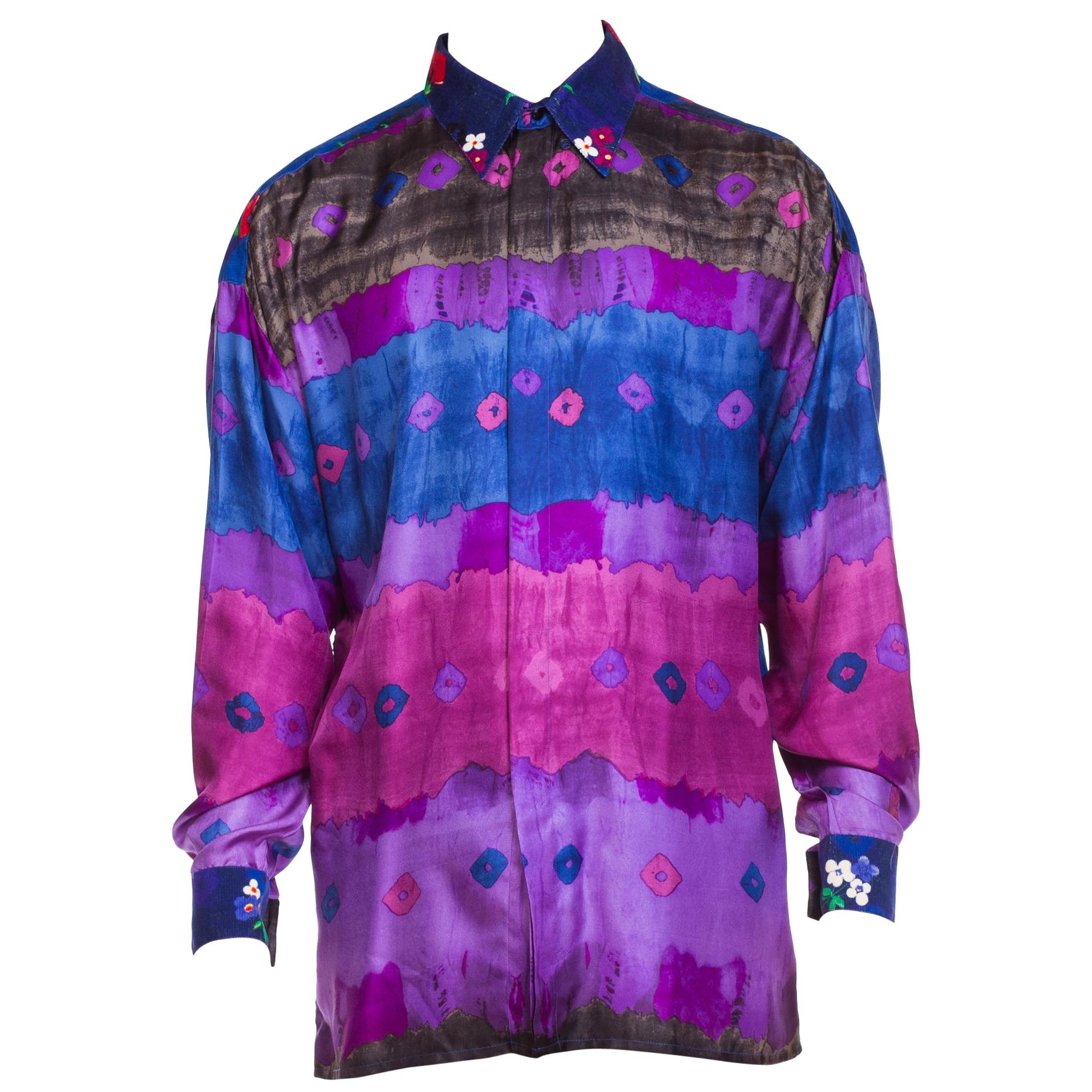 1990S GIANNI VERSACE Purple Tie Dyed Silk & Floral Printed Corduroy Men's  Shir