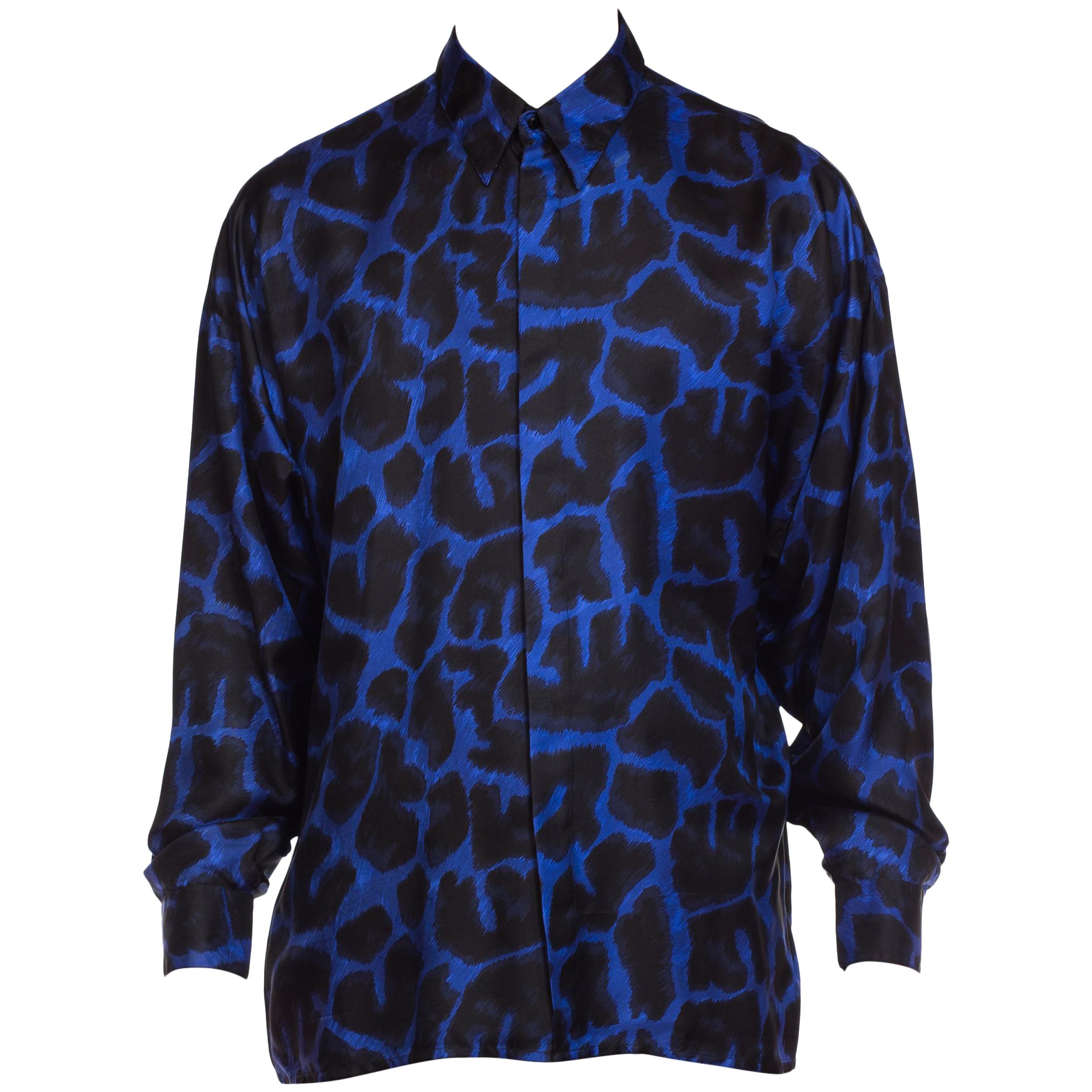 Early 1990s Men's Istante Versace Blue Leopard Silk Shirt