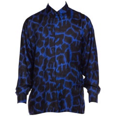 Early 1990s Men's Istante Versace Blue Leopard Silk Shirt