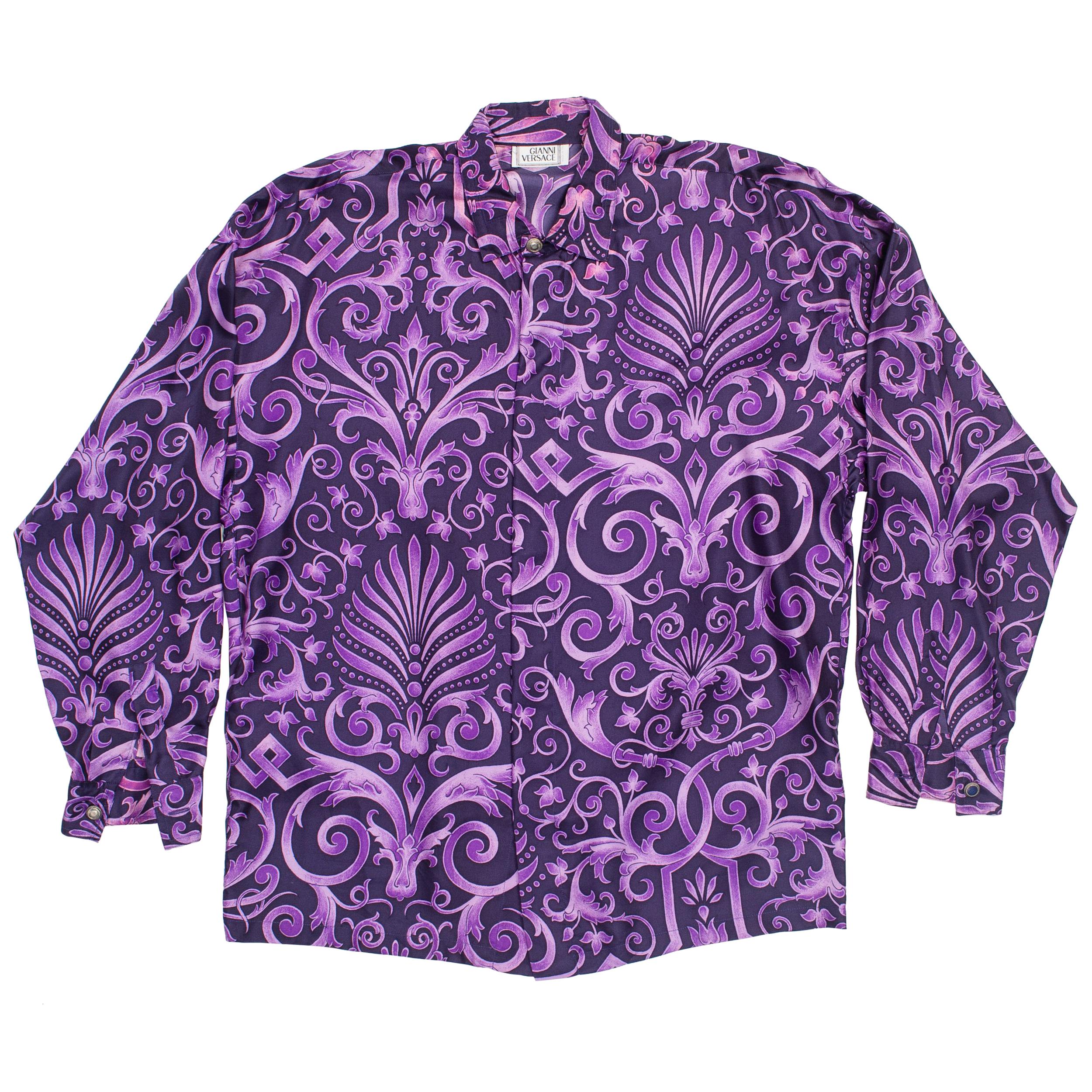 1990s Men's Gianni Versace Purple Baroque Print Silk Shirt