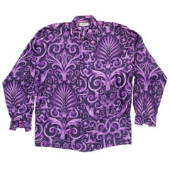 1990s Men's Gianni Versace Purple Baroque Print Silk Shirt