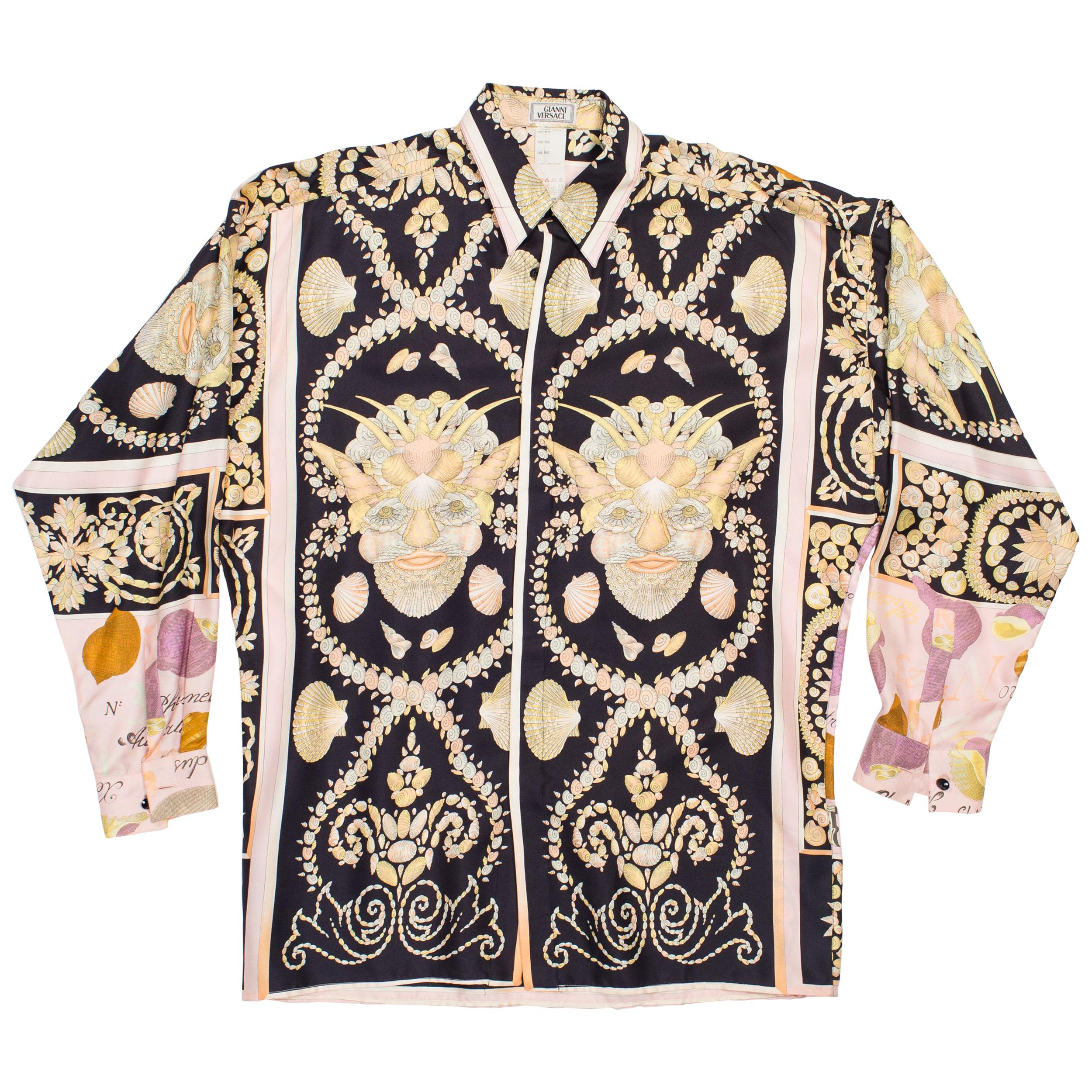 1990s Men's Gianni Versace Baroque Shell Portrait Silk Shirt