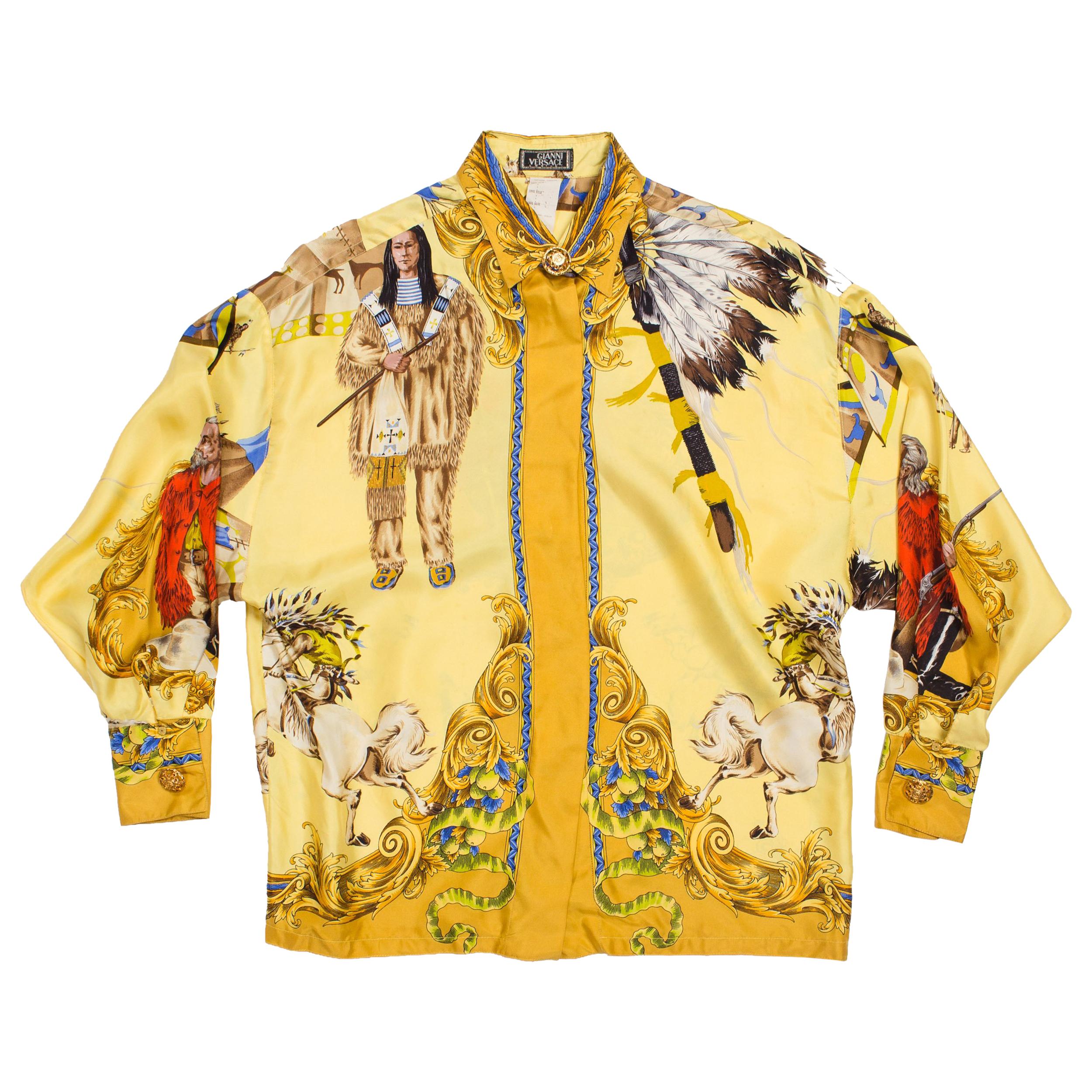 1990S GIANNI VERSACE Pale Yellow Silk Buffalo Bill Native American Print Shirt  For Sale