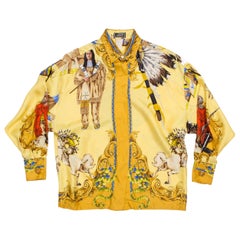 1990S GIANNI VERSACE Pale Yellow Silk Buffalo Bill Native American Print Shirt 