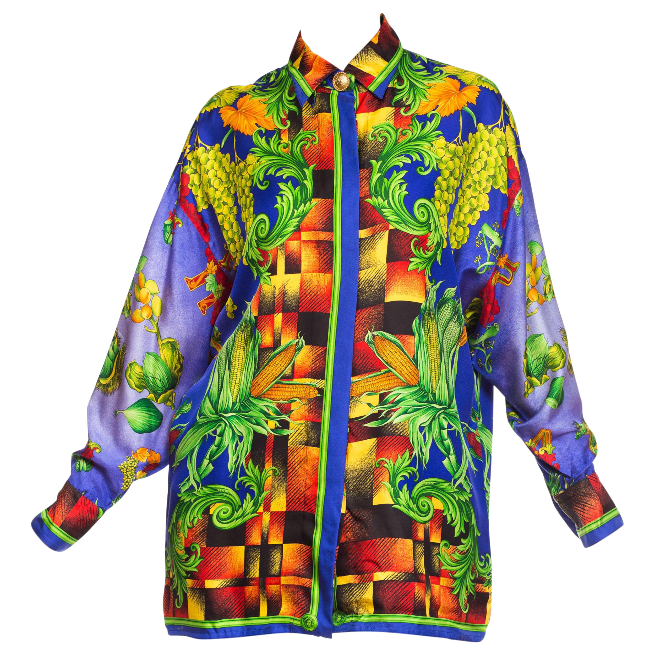 1990S GIANNI VERSACE Silk "Autumn Nature" Baroque Printed Shirt Sz 40 For Sale