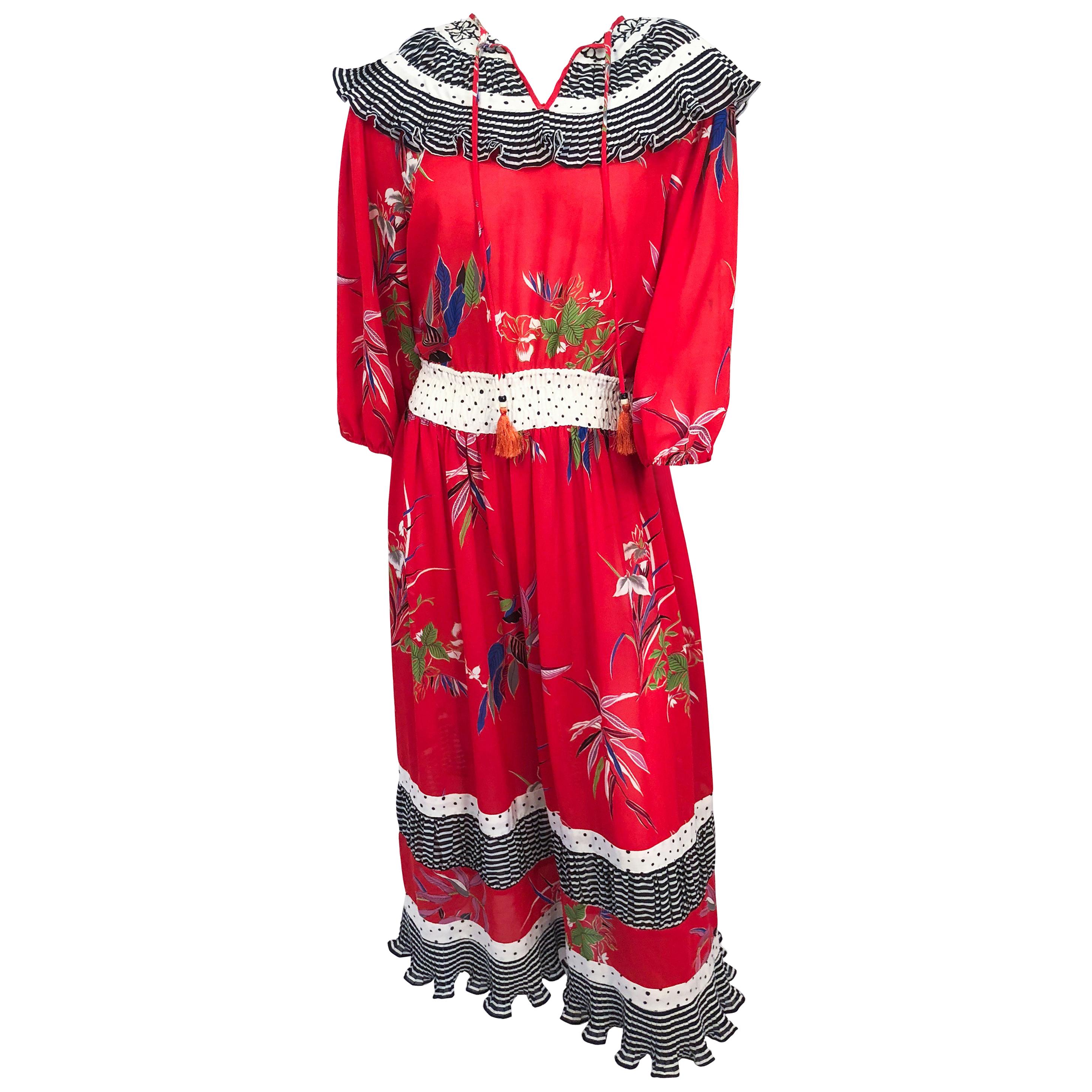 1980s Dian Fréis Red Floral Printed Dress For Sale